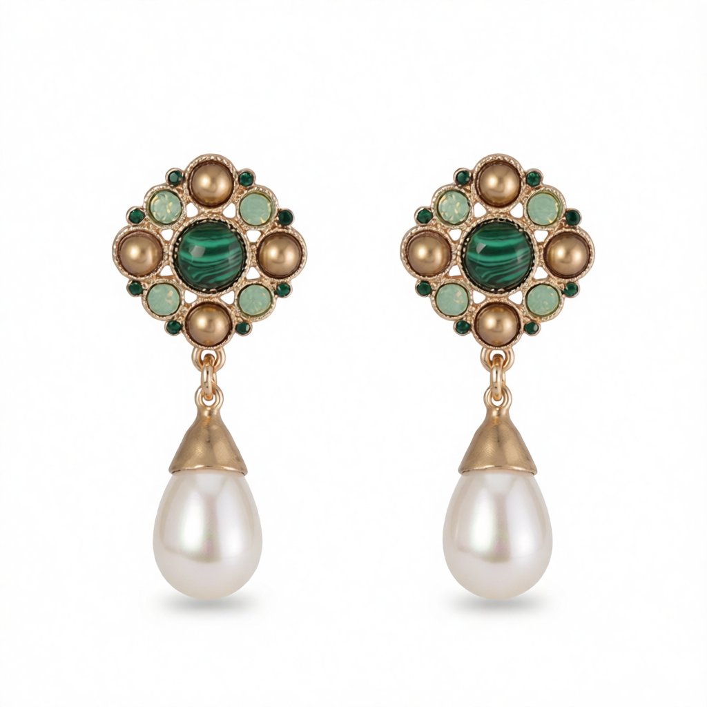 Green Cubic Zirconia and Pearl 18K Gold-Plated Teardrop Drop Earrings, gold drop earrings for women, side view