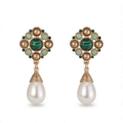 Green Cubic Zirconia and Pearl 18K Gold-Plated Teardrop Drop Earrings, gold drop earrings for women, side view