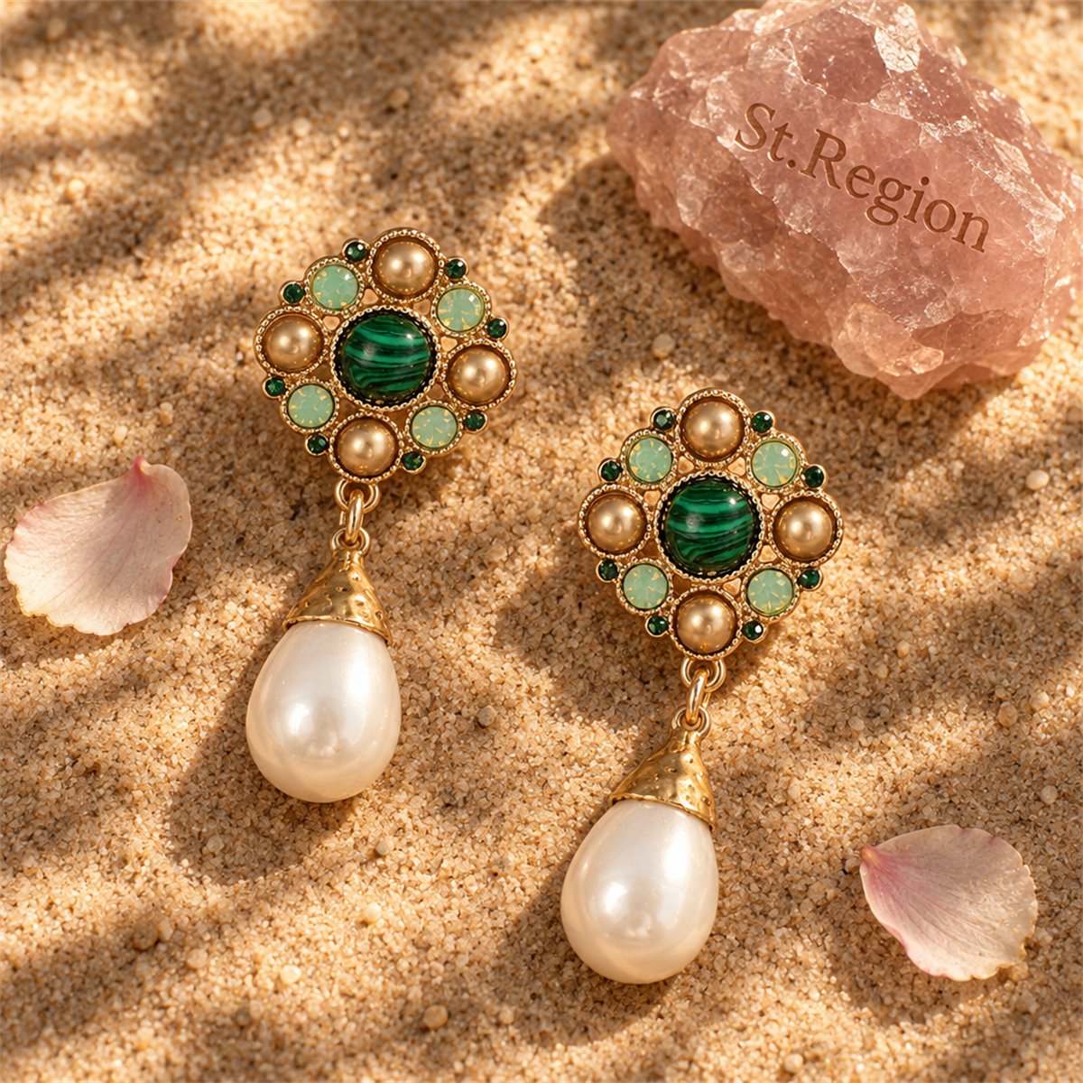 Green Cubic Zirconia and Pearl 18K Gold-Plated Teardrop Drop Earrings, gold drop earrings for women, detail close-up