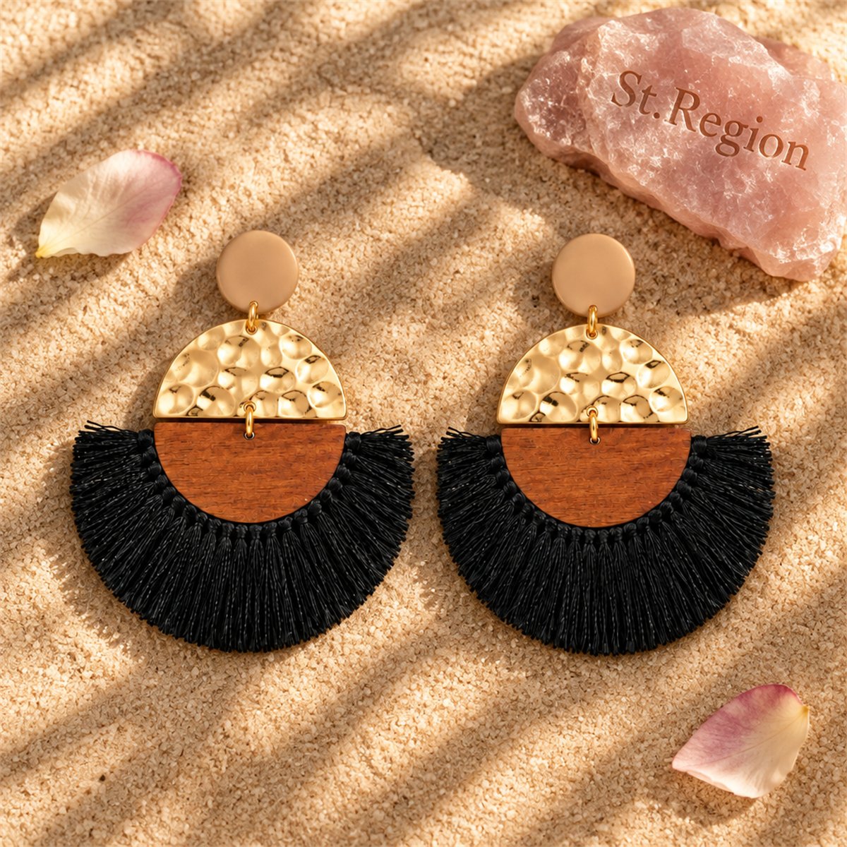 Black Polyster and Wood 18K Gold-Plated Fan Drop Earrings, gold drop earrings for women, detail close-up