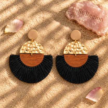 Black Polyster and Wood 18K Gold-Plated Fan Drop Earrings, gold drop earrings for women, detail close-up