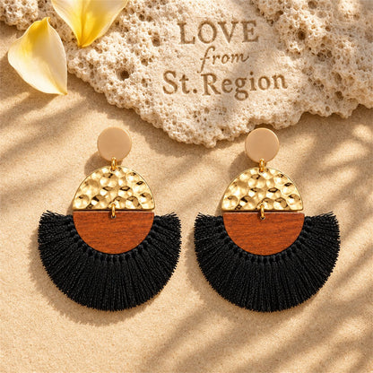 Black Polyster and Wood 18K Gold-Plated Fan Drop Earrings, gold drop earrings for women, lifestyle look