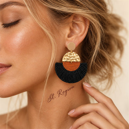 Black Polyster and Wood 18K Gold-Plated Fan Drop Earrings, gold drop earrings for women, vintage-inspired design, styled look