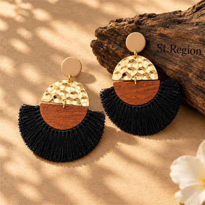 Black Polyster and Wood 18K Gold-Plated Fan Drop Earrings, gold drop earrings for women, vintage-inspired design, front view