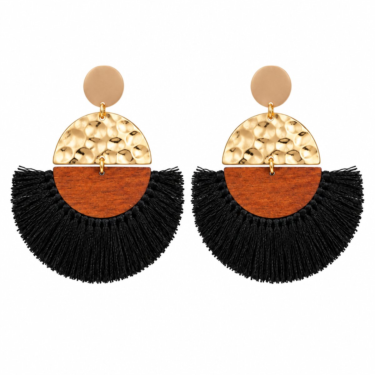 Black Polyster and Wood 18K Gold-Plated Fan Drop Earrings, gold drop earrings for women, vintage-inspired design, side view