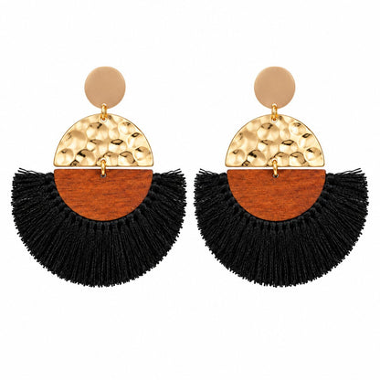 Black Polyster and Wood 18K Gold-Plated Fan Drop Earrings, gold drop earrings for women, vintage-inspired design, side view