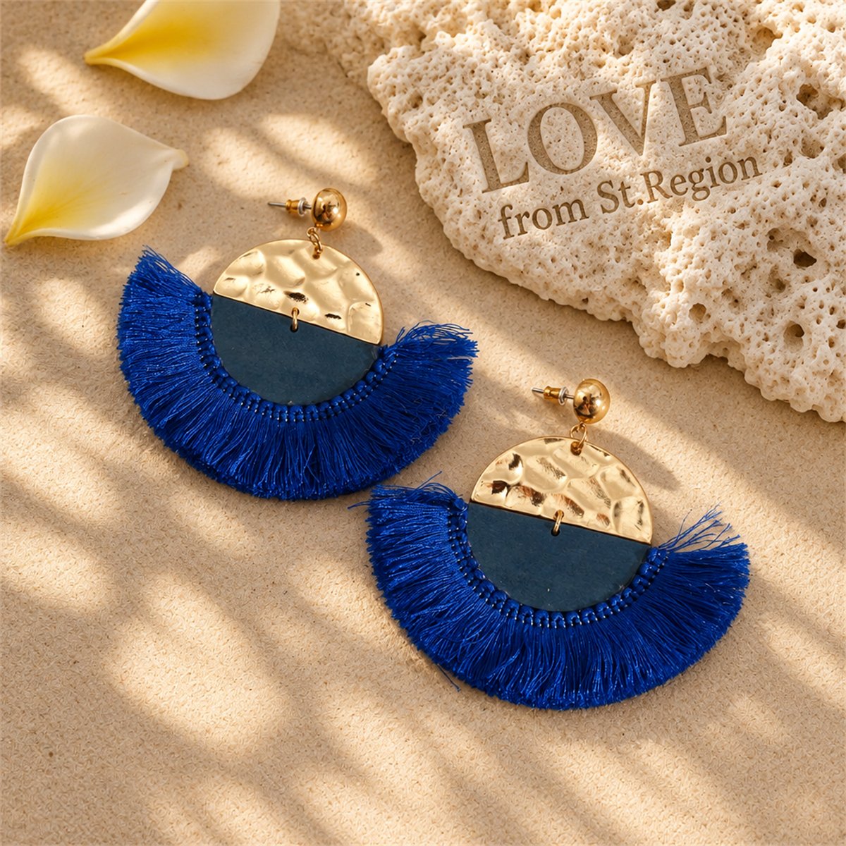 Blue Polyster and Wood 18K Gold-Plated Fan Drop Earrings, gold drop earrings for women, botanical inspired, lifestyle look