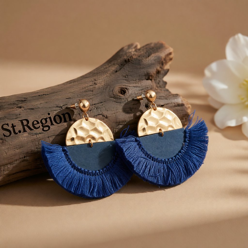 Blue Polyster and Wood 18K Gold-Plated Fan Drop Earrings, gold drop earrings for women, botanical inspired, front view