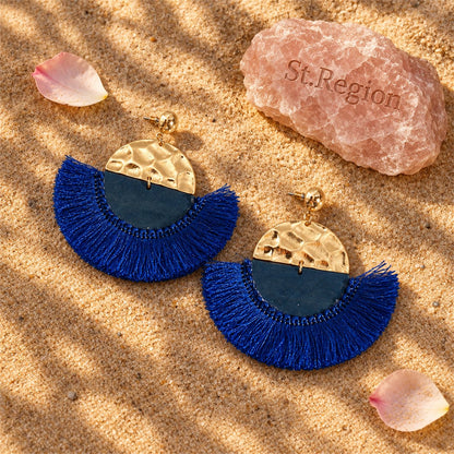 Blue Polyster and Wood 18K Gold-Plated Fan Drop Earrings, gold drop earrings for women, botanical inspired, detail close-up