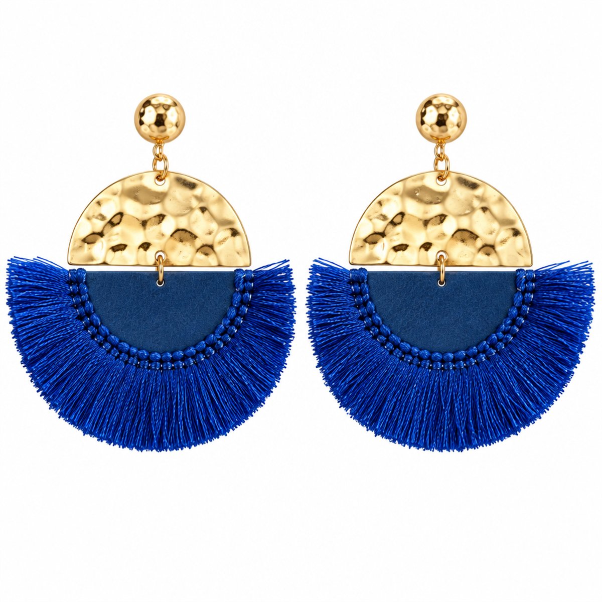 Blue Polyster and Wood 18K Gold-Plated Fan Drop Earrings, gold drop earrings for women, botanical inspired, side view