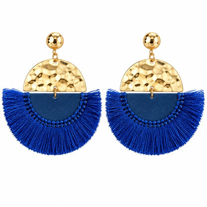 Blue Polyster and Wood 18K Gold-Plated Fan Drop Earrings, gold drop earrings for women, botanical inspired, side view