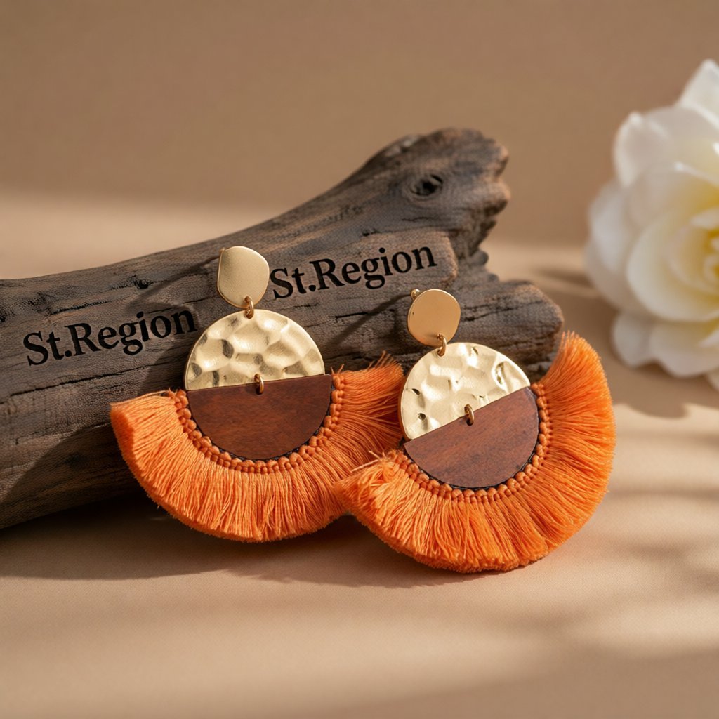 Orange Polyster and Wood 18K Gold-Plated Fan Drop Earrings, gold drop earrings for women, elegant gift for her, front view