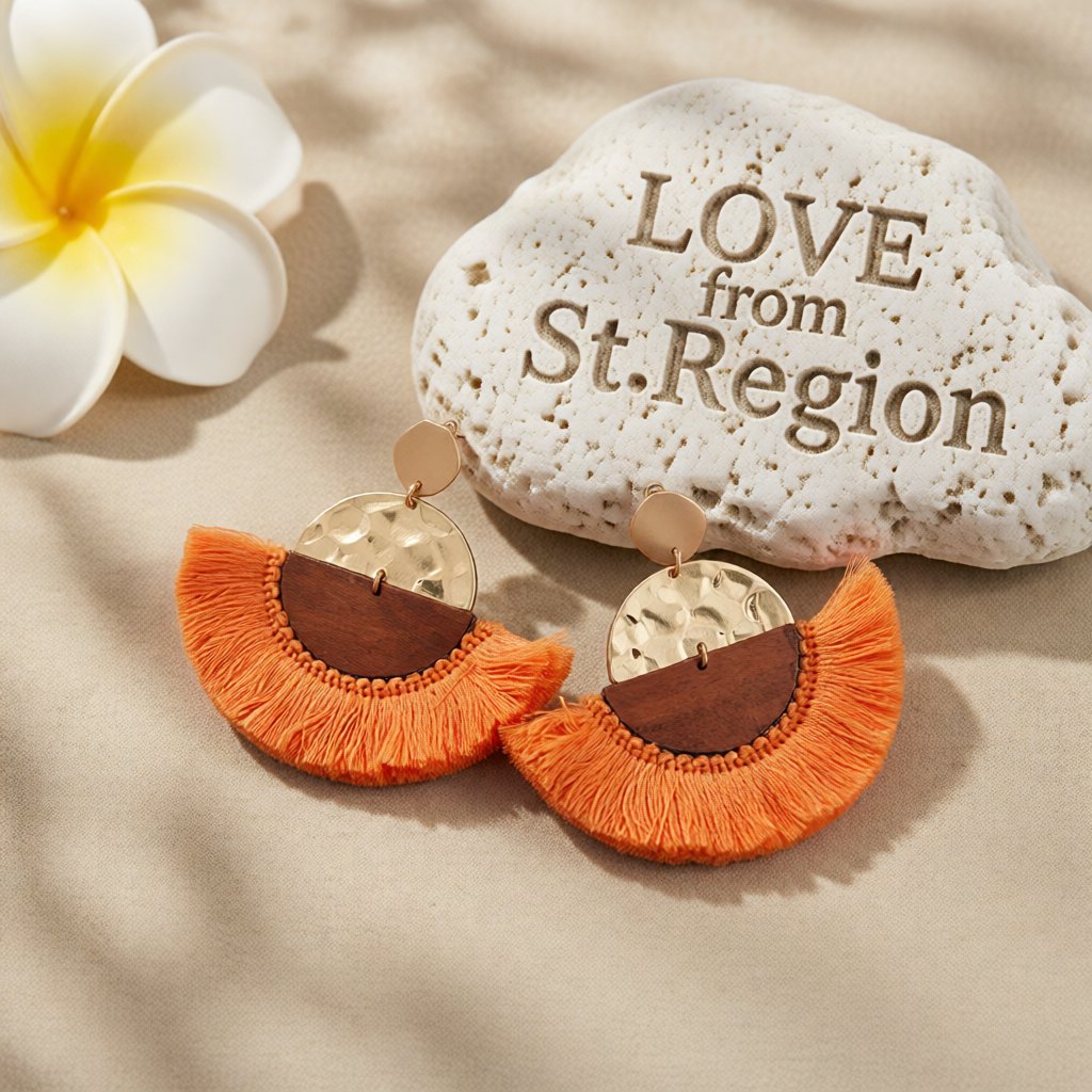 Orange Polyster and Wood 18K Gold-Plated Fan Drop Earrings, gold drop earrings for women, lifestyle look
