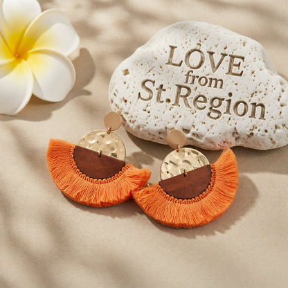 Orange Polyster and Wood 18K Gold-Plated Fan Drop Earrings, gold drop earrings for women, lifestyle look