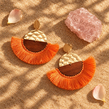 Orange Polyster and Wood 18K Gold-Plated Fan Drop Earrings, gold drop earrings for women, detail close-up