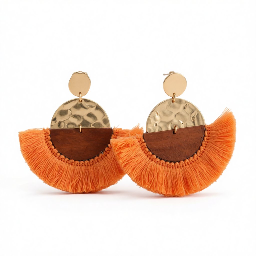 Orange Polyster and Wood 18K Gold-Plated Fan Drop Earrings, gold drop earrings for women, elegant gift for her, side view