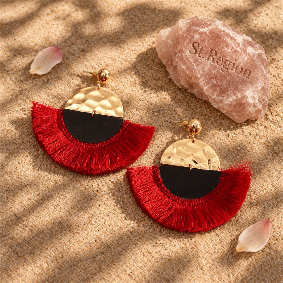 Red and 18K Gold-Plated Patchwork Fan Drop Earrings, gold drop earrings for women, dainty minimalist design, detail close-up