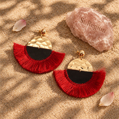 Red and 18K Gold-Plated Patchwork Fan Drop Earrings, gold drop earrings for women, dainty minimalist design, detail close-up