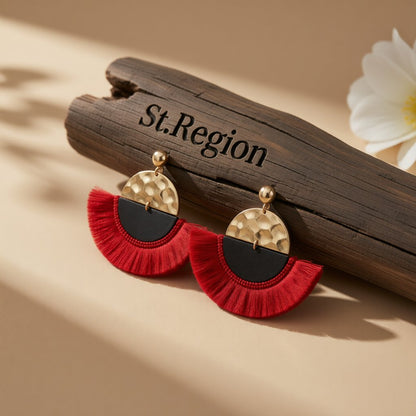 Red and 18K Gold-Plated Patchwork Fan Drop Earrings, gold drop earrings for women, dainty minimalist design, front view
