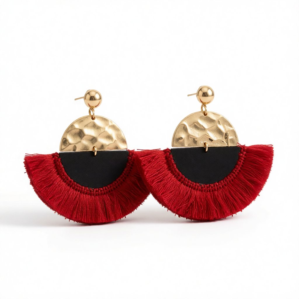 Red and 18K Gold-Plated Patchwork Fan Drop Earrings, gold drop earrings for women, dainty minimalist design, side view