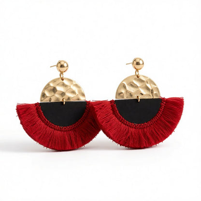 Red and 18K Gold-Plated Patchwork Fan Drop Earrings, gold drop earrings for women, dainty minimalist design, side view