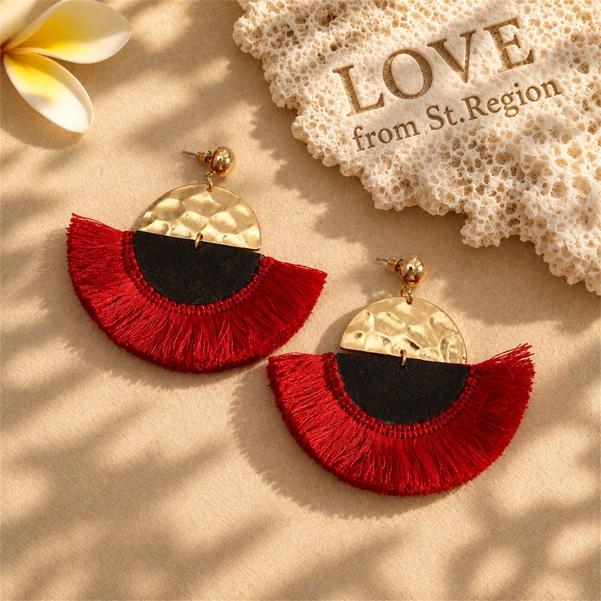 Red and 18K Gold-Plated Patchwork Fan Drop Earrings, gold drop earrings for women, dainty minimalist design, lifestyle look