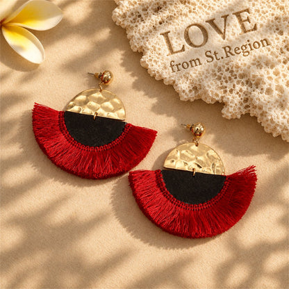 Red and 18K Gold-Plated Patchwork Fan Drop Earrings, gold drop earrings for women, dainty minimalist design, lifestyle look