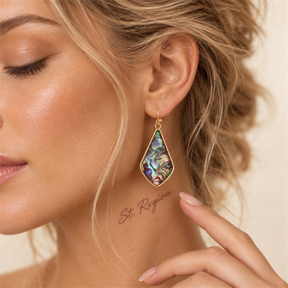Abalone Shell and 18K Gold-Plated Geometric Drop Earrings, gold drop earrings for women, botanical inspired, styled look