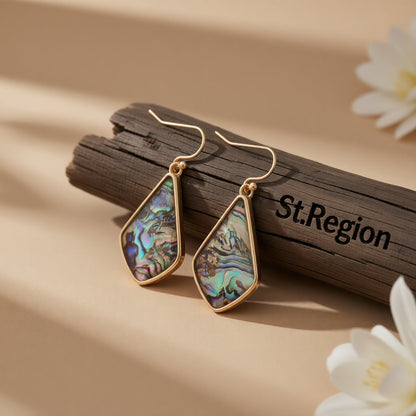 Abalone Shell and 18K Gold-Plated Geometric Drop Earrings, gold drop earrings for women, botanical inspired, front view
