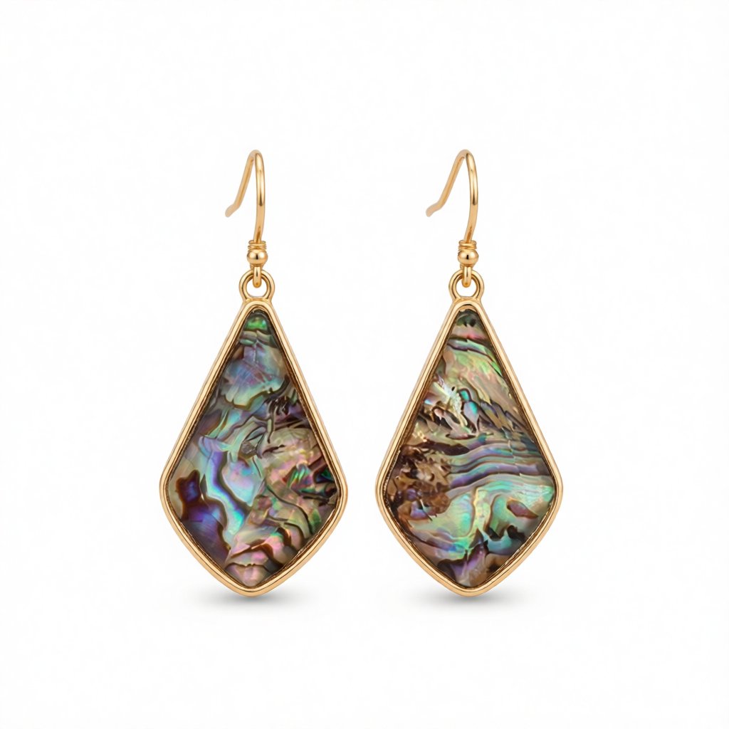 Abalone Shell and 18K Gold-Plated Geometric Drop Earrings, gold drop earrings for women, botanical inspired, side view