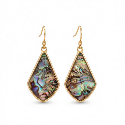 Abalone Shell and 18K Gold-Plated Geometric Drop Earrings, gold drop earrings for women, botanical inspired, side view