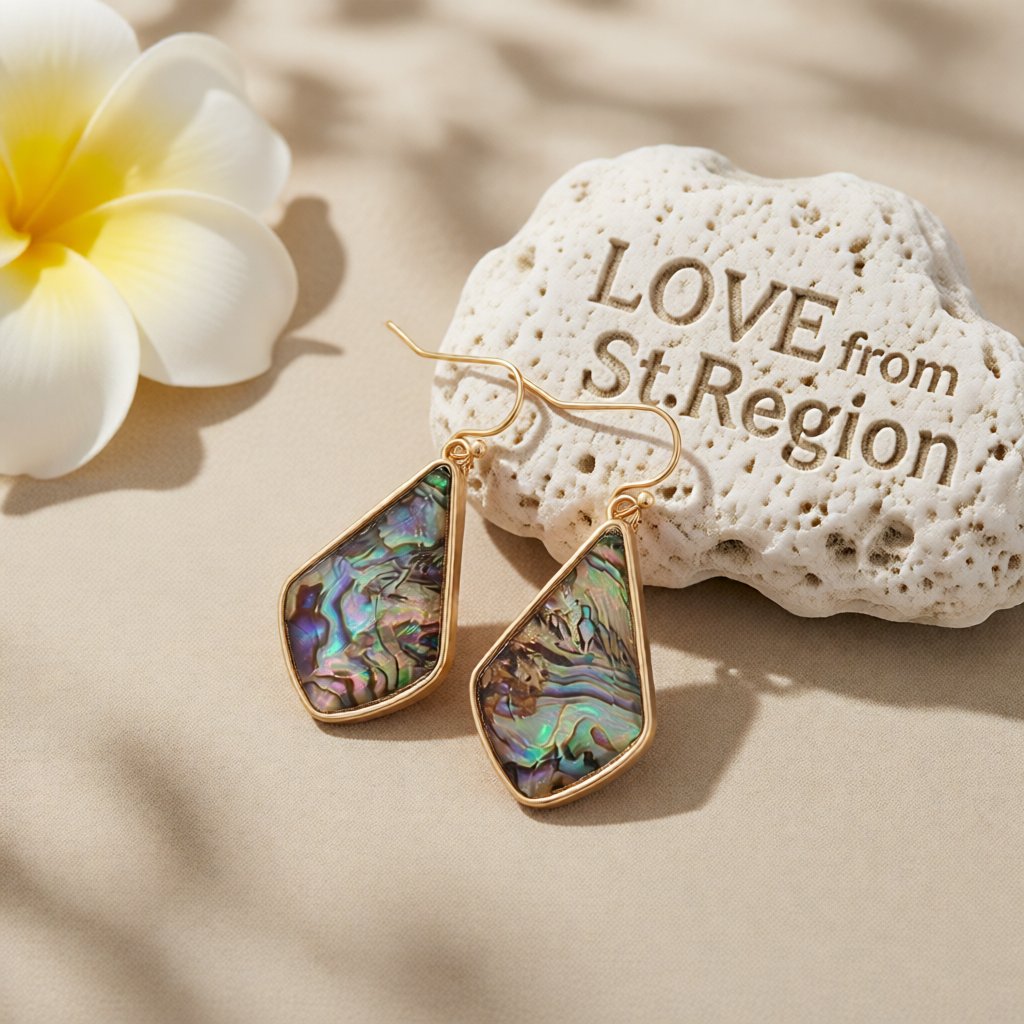 Abalone Shell and 18K Gold-Plated Geometric Drop Earrings, gold drop earrings for women, botanical inspired, lifestyle look
