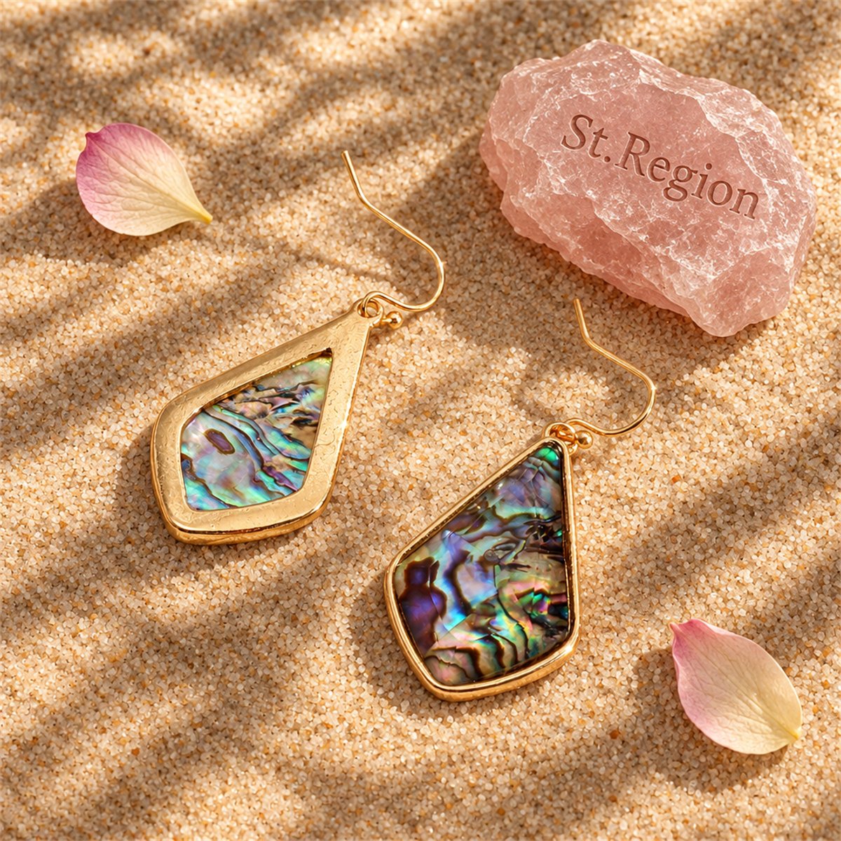 Abalone Shell and 18K Gold-Plated Geometric Drop Earrings, gold drop earrings for women, botanical inspired, detail close-up