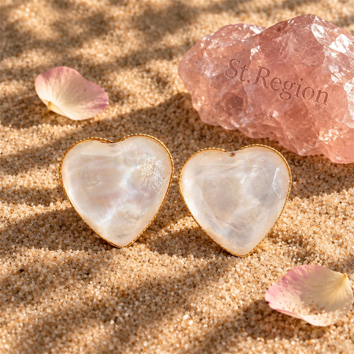 Pink Shell and 18K Gold-Plated Heart Stud Earrings, gold stud earrings for women, vintage-inspired design, detail close-up