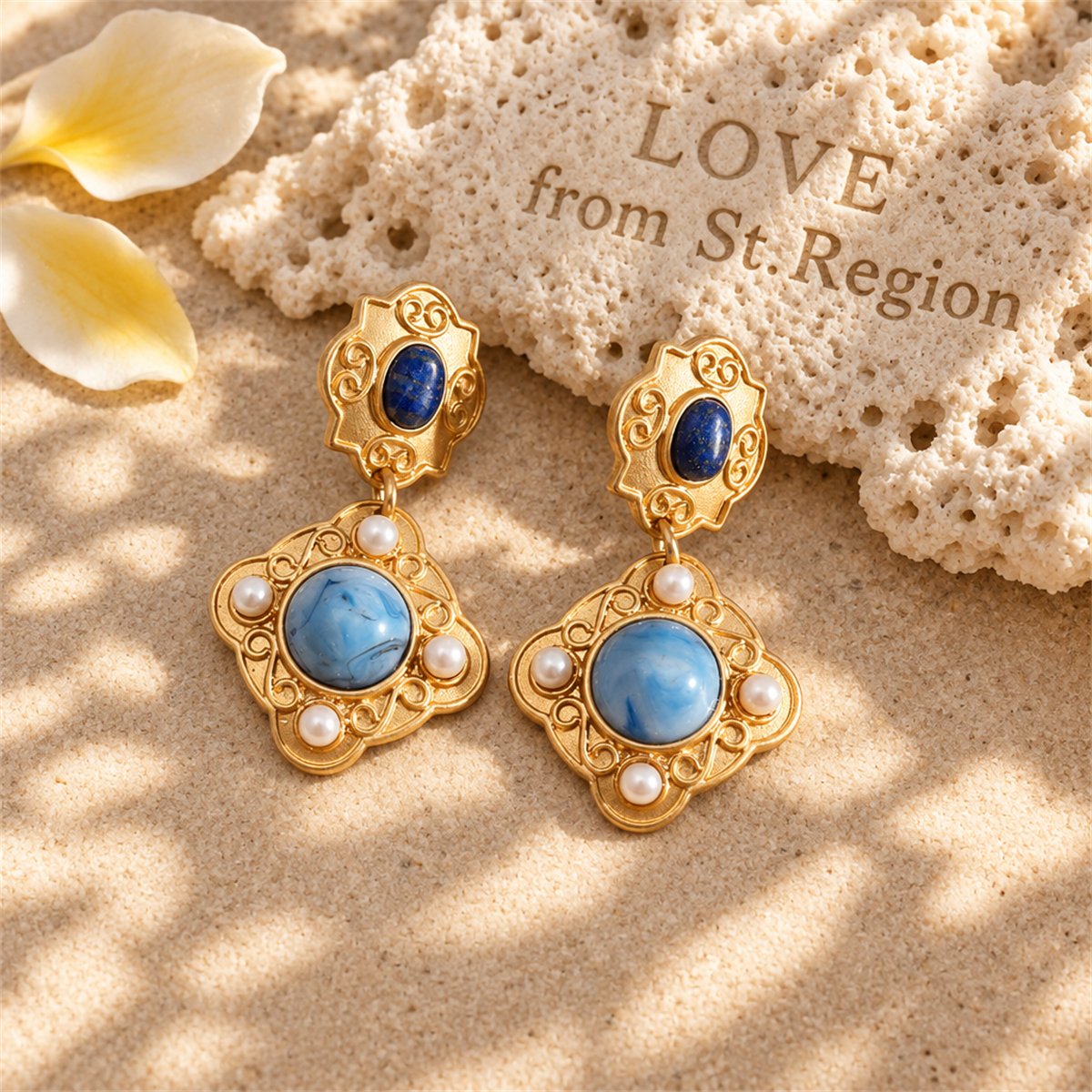Lapis and Pearl 18K Gold-Plated Rhombus Drop Earrings, gold drop earrings for women, elegant gift for her, lifestyle look