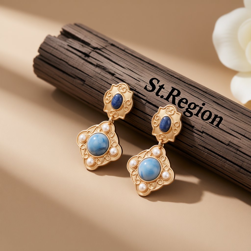 Lapis and Pearl 18K Gold-Plated Rhombus Drop Earrings, gold drop earrings for women, elegant gift for her, front view