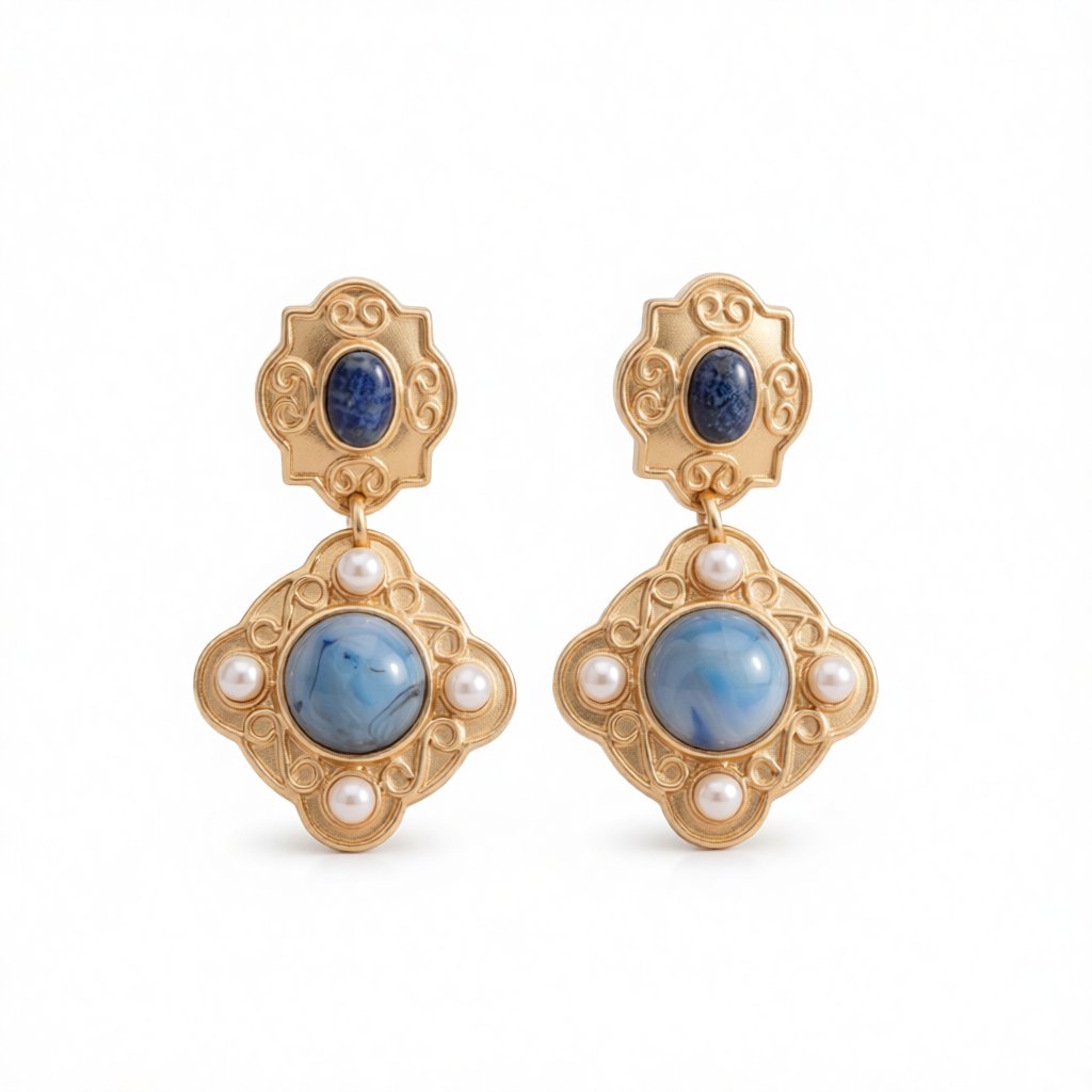 Lapis and Pearl 18K Gold-Plated Rhombus Drop Earrings, gold drop earrings for women, elegant gift for her, side view
