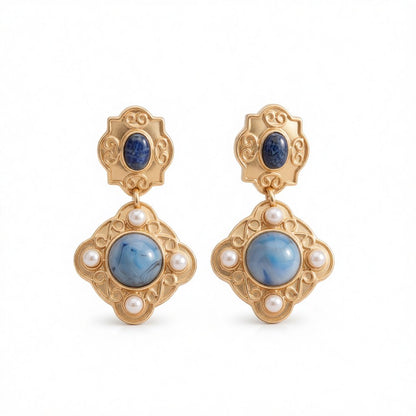 Lapis and Pearl 18K Gold-Plated Rhombus Drop Earrings, gold drop earrings for women, elegant gift for her, side view