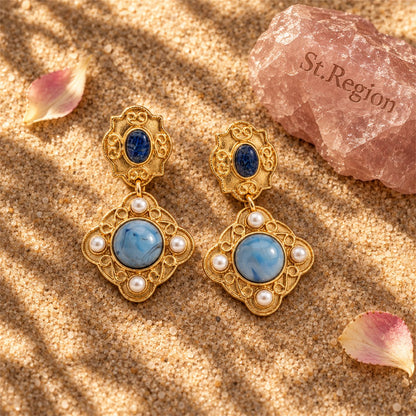 Lapis and Pearl 18K Gold-Plated Rhombus Drop Earrings, gold drop earrings for women, elegant gift for her, detail close-up