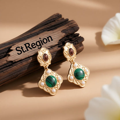 Green Malachite and Pearl 18K Gold-Plated Rhombus Drop Earrings, gold drop earrings for women, everyday style, front view