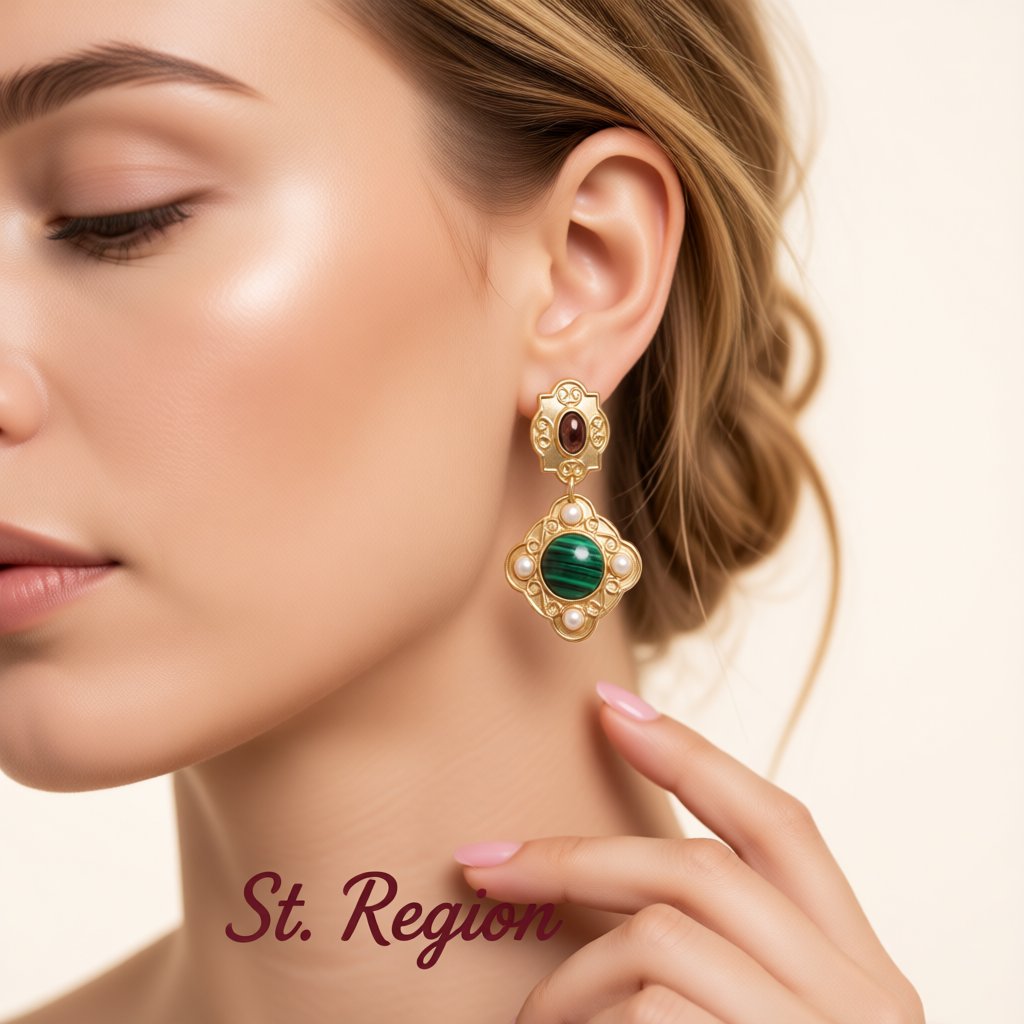 Green Malachite and Pearl 18K Gold-Plated Rhombus Drop Earrings, gold drop earrings for women, everyday style, styled look
