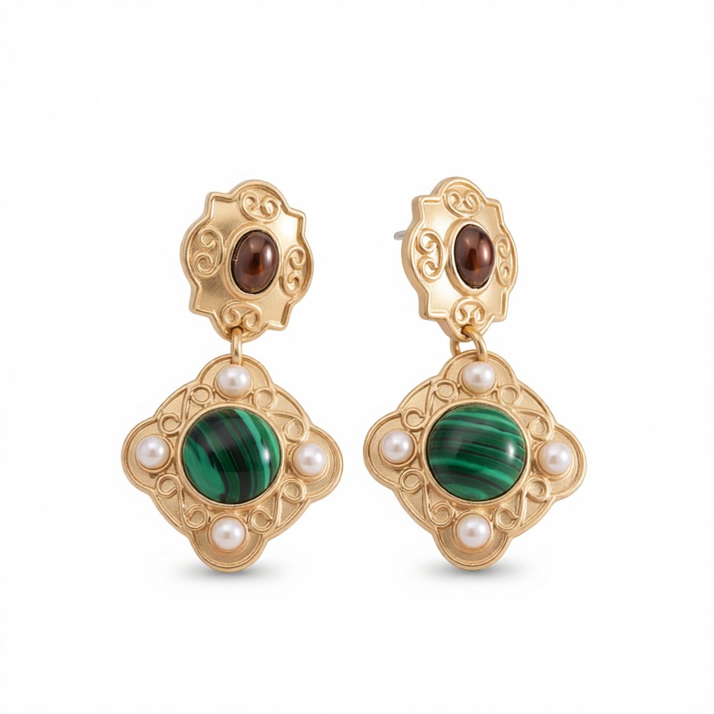 Green Malachite and Pearl 18K Gold-Plated Rhombus Drop Earrings, gold drop earrings for women, everyday style, side view