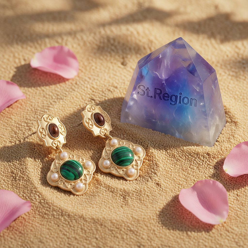 Green Malachite and Pearl 18K Gold-Plated Rhombus Drop Earrings, gold drop earrings for women, detail close-up