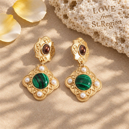 Green Malachite and Pearl 18K Gold-Plated Rhombus Drop Earrings, gold drop earrings for women, everyday style, lifestyle look