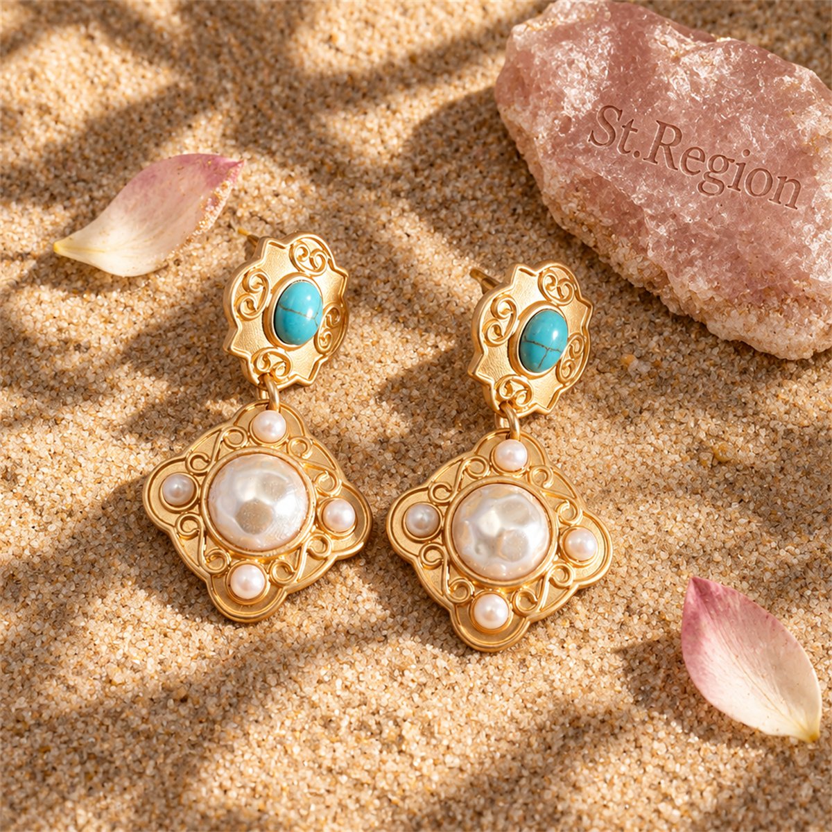 Turquoise and Pearl 18K Gold-Plated Rhombus Drop Earrings, gold drop earrings for women, everyday style, detail close-up