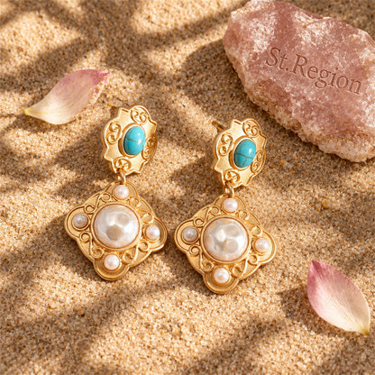 Turquoise and Pearl 18K Gold-Plated Rhombus Drop Earrings, gold drop earrings for women, everyday style, detail close-up