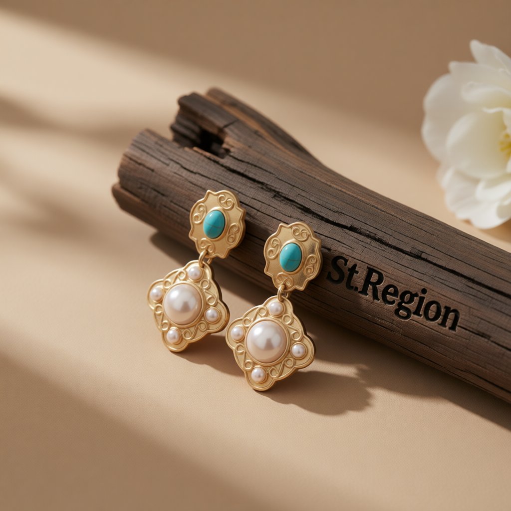 Turquoise and Pearl 18K Gold-Plated Rhombus Drop Earrings, gold drop earrings for women, everyday style, front view