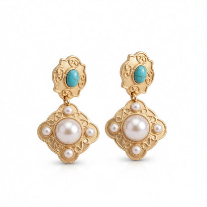 Turquoise and Pearl 18K Gold-Plated Rhombus Drop Earrings, gold drop earrings for women, everyday style, side view