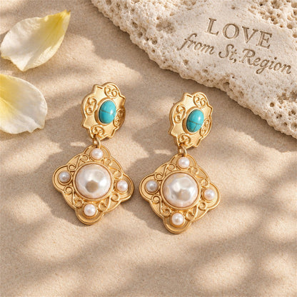 Turquoise and Pearl 18K Gold-Plated Rhombus Drop Earrings, gold drop earrings for women, everyday style, lifestyle look