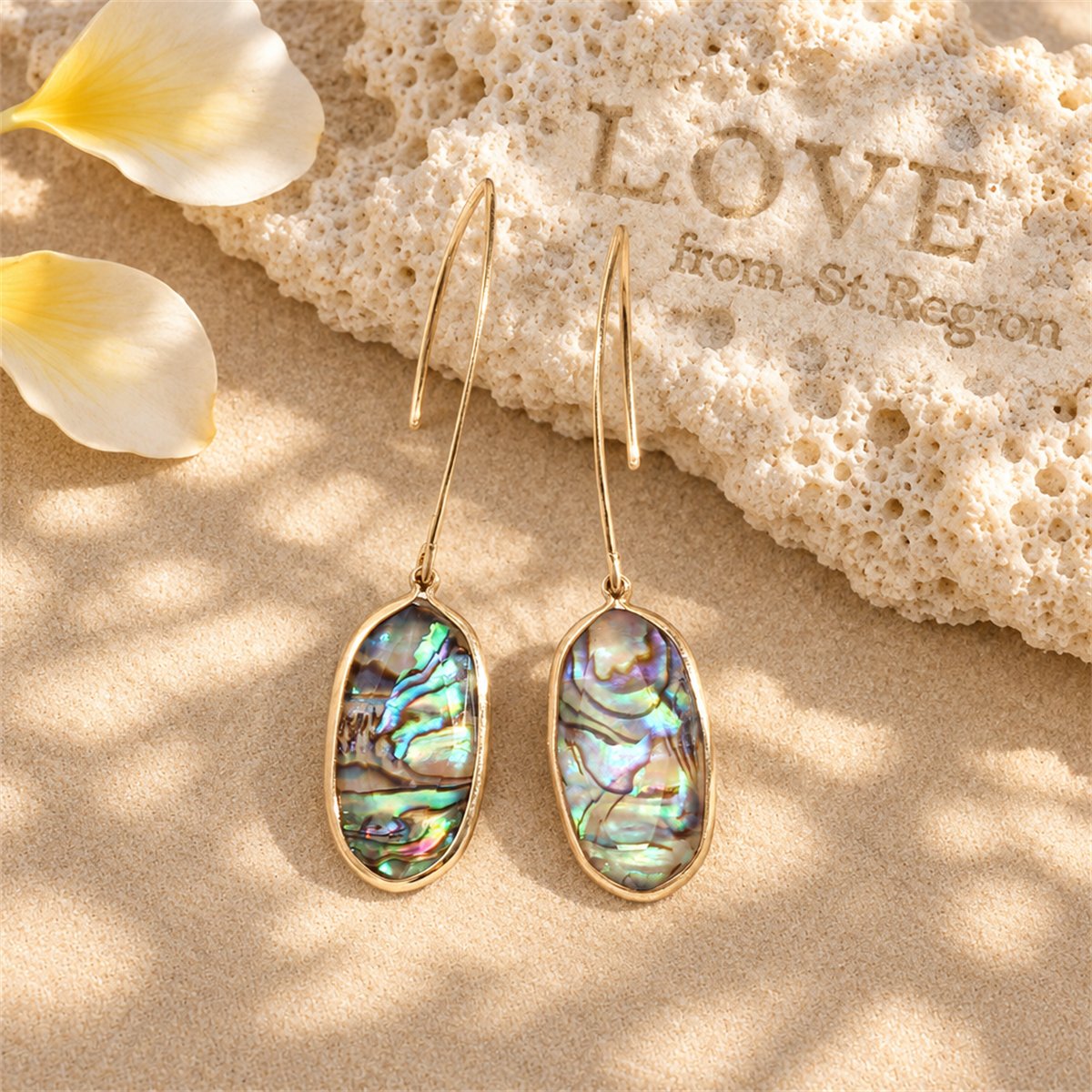 Abalone Shell and 18K Gold-Plated Oval Drop Earrings, gold drop earrings for women, dainty minimalist design, lifestyle look
